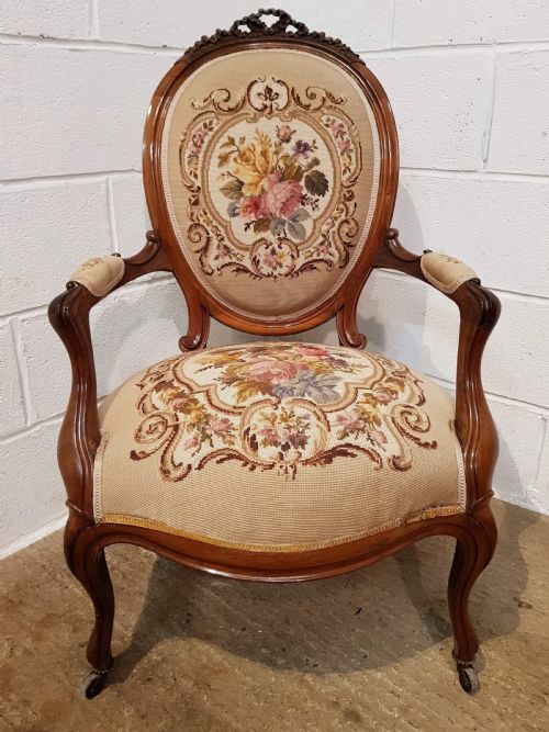 Antique 19th Century French Walnut Fauteuil Needlepoint Armchair C1890