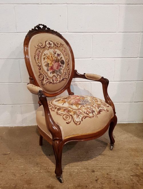 fig 1. ANTIQUE 19TH CENTURY FRENCH WALNUT FAUTEUIL NEEDLEPOINT ARMCHAIR C1890
