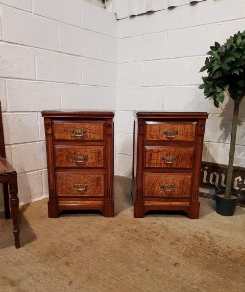 Antique Pair of Victorian Burr Oak and Mahogany Bedside Chests of Drawers C1880