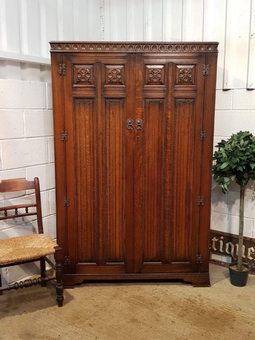 Antique  Oak Linen Fold Double Wardrobe C1920