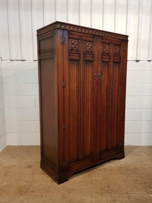 fig 2. ANTIQUE  OAK LINEN FOLD DOUBLE WARDROBE C1920