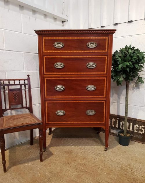 Antique Edwardian Regency Inlaid Mahogany Tall Chest of Drawers C1900