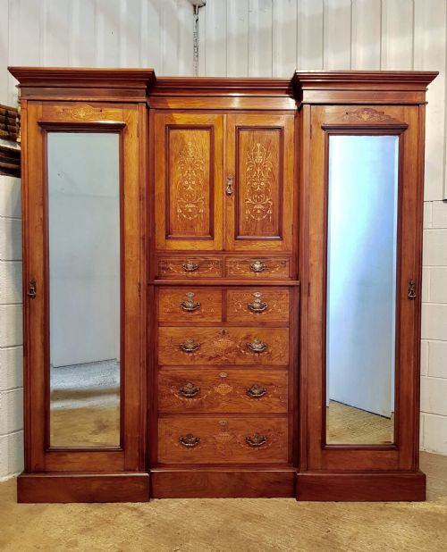 Antique Victorian Inlaid Walnut Breakfront Triple Wardrobe Compactum C1880