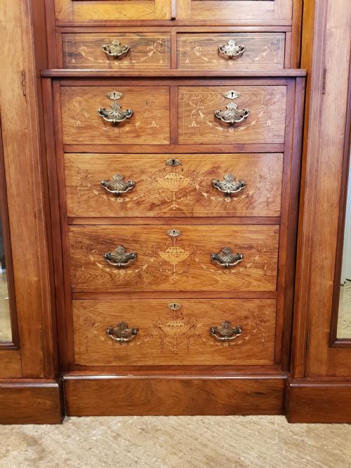 fig 2. ANTIQUE VICTORIAN INLAID WALNUT BREAKFRONT TRIPLE WARDROBE COMPACTUM C1880