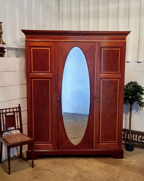 Antique Edwardian Mahogany Inlaid Small Triple Wardrobe C1900