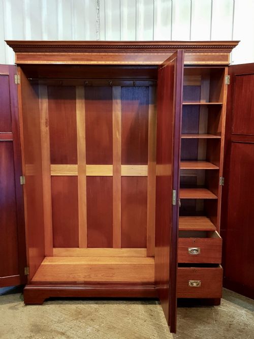 fig 1. ANTIQUE EDWARDIAN MAHOGANY INLAID SMALL TRIPLE WARDROBE C1900