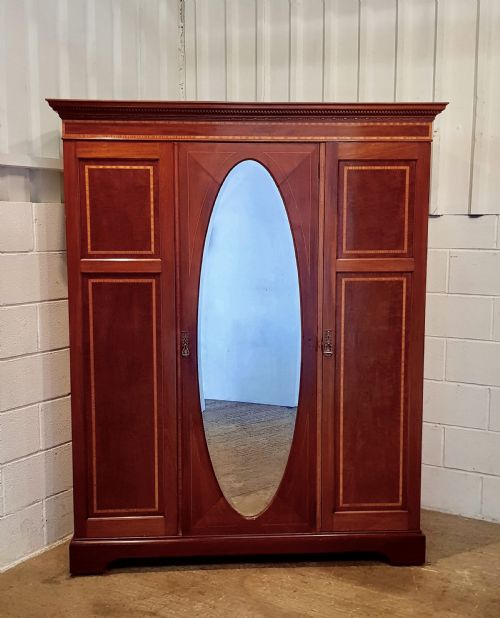 fig 2. ANTIQUE EDWARDIAN MAHOGANY INLAID SMALL TRIPLE WARDROBE C1900