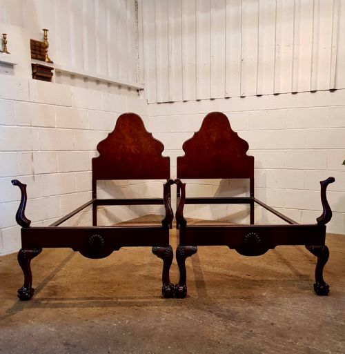 Antique Pair Burr Walnut Queen Anne Single Beds C1920