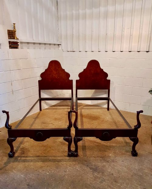 fig 2. ANTIQUE PAIR BURR WALNUT QUEEN ANNE SINGLE BEDS C1920