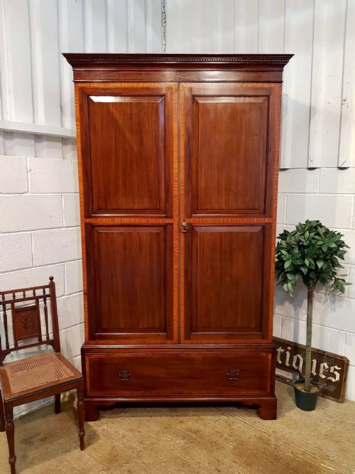 Antique Victorian Regency Mahogany & Satinwood Double Wardrobe C1890