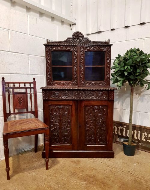 Antique Victorian Small Carved Gothic Oak Bookcase on Cupboard C1880