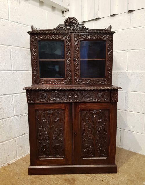 fig 1. ANTIQUE VICTORIAN SMALL CARVED GOTHIC OAK BOOKCASE ON CUPBOARD C1880