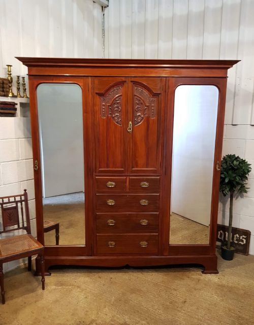 Antique Art Nouveau Walnut Triple Wardrobe C1890