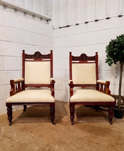 Antique Pair of Late Victorian Walnut Ladies & Gents Armchairs C1890