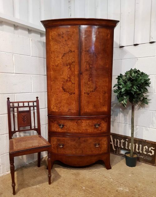 Antique Queen Anne Burr Walnut Dwarf Bow Front Wardrobe C1920