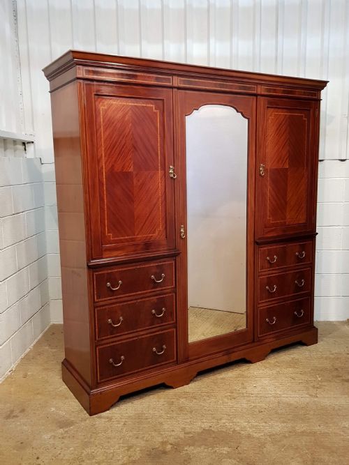 Antique Late Victorian Mahogany Inlaid Triple Wardrobe Compactum by Jas Schoolbred C1890