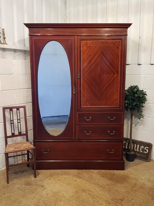 Antique Edwardian Mahogany Inlaid Combination Wardrobe C1900