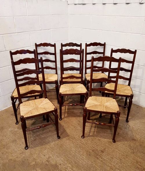 Antique Set Eight Oak Ladder Back Dining Chairs with Rush Seats C1910