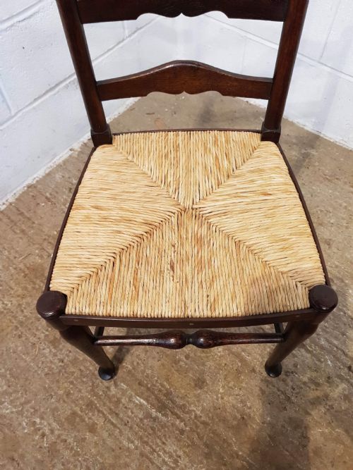 fig 2. ANTIQUE SET EIGHT OAK LADDER BACK DINING CHAIRS WITH RUSH SEATS C1910