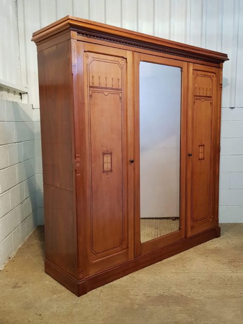 Antique Arts & Crafts Walnut Inlaid Triple Wardrobe Compactum C1890