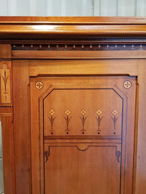 fig 1. ANTIQUE ARTS & CRAFTS WALNUT INLAID TRIPLE WARDROBE COMPACTUM C1890