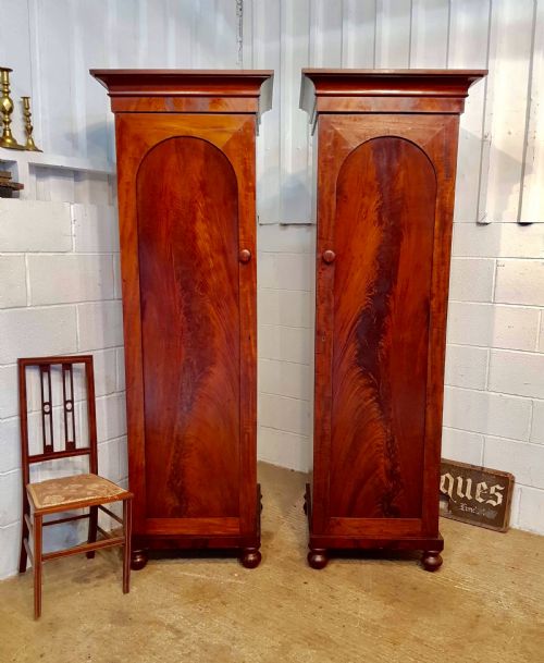 Antique Pair Victorian Flamed Mahogany Sentry Single Wardrobes C1880
