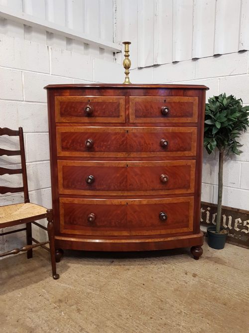 Antique Victorian Mahogany & Burr Walnut Bow Front Chest of Drawers C1880