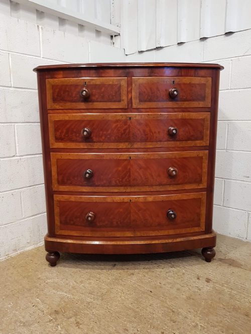 fig 2. ANTIQUE VICTORIAN MAHOGANY & BURR WALNUT BOW FRONT CHEST OF DRAWERS C1880