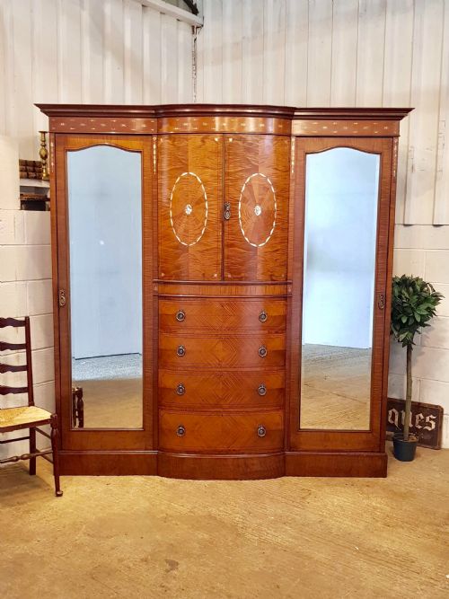 Antique Edwardian Inlaid Satin Walnut Bowed Breakfront Triple Wardrobe C1900