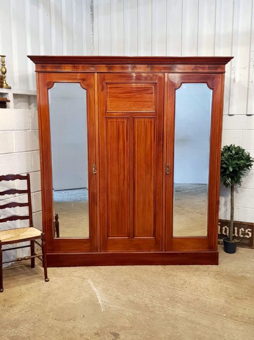 Antique Edwardian Inlaid Mahogany Triple Wardrobe C1900