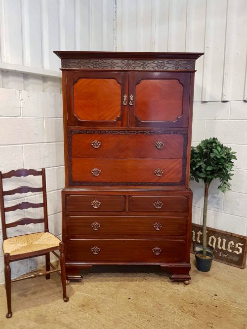 Antique Edwardian Chippendale Mahogany Chest on Chest C1900
