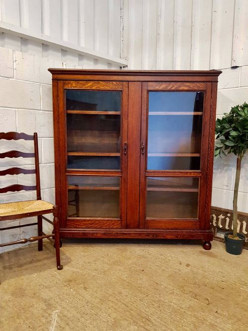 Antique Edwardian Oak Glazed Bookcase C1900