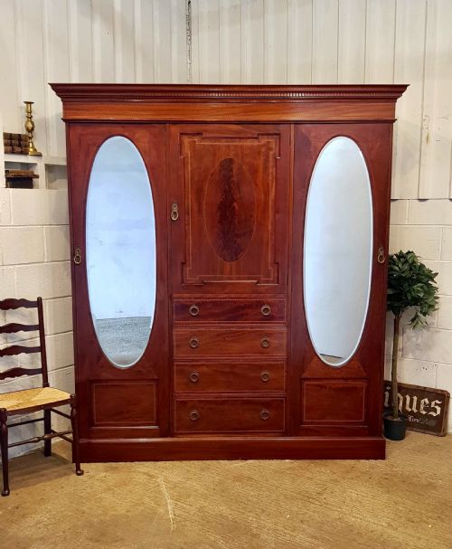 Antique Edwardian Inlaid Mahogany Triple Wardrobe Compactum C1900