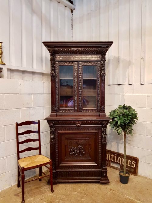 Antique 19th Century Flemish Carved Oak Narrow Bookcase on Cupboard C1880