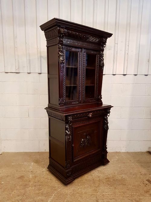 fig 1. ANTIQUE 19TH CENTURY FLEMISH CARVED OAK NARROW BOOKCASE ON CUPBOARD C1880