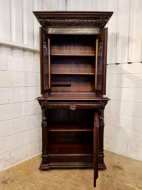 fig 2. ANTIQUE 19TH CENTURY FLEMISH CARVED OAK NARROW BOOKCASE ON CUPBOARD C1880