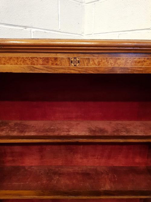 fig 1. ANTIQUE VICTORIAN BURR WALNUT AND MAPLE OPEN BOOKCASE C1880 