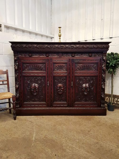 Anique Large Victorian Carved Gothic Oak Cupboard Sideboard C1880