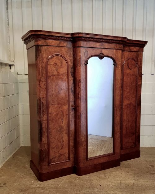 Antique Victorian Burr Walnut Breakfront Triple Wardrobe C1880