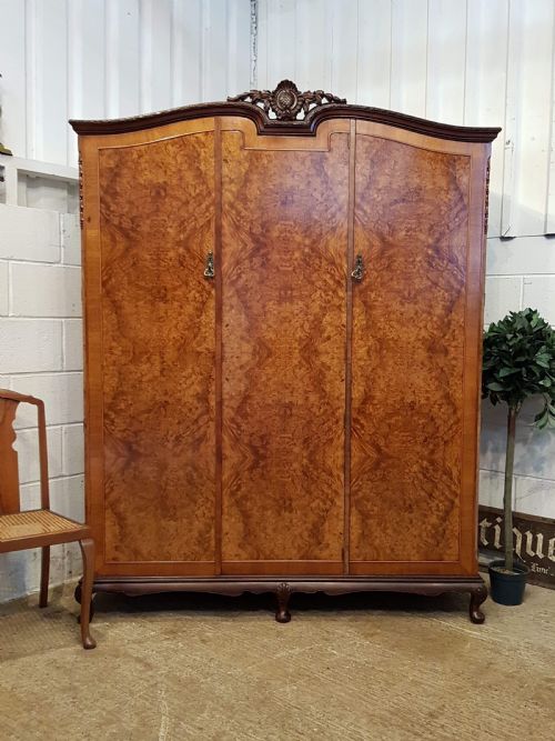 Antique Burr Walnut Triple Wardrobe C1920