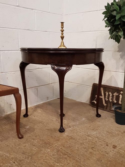 Antique Burr Walnut Demi Lune Fold Over Games Table C1920