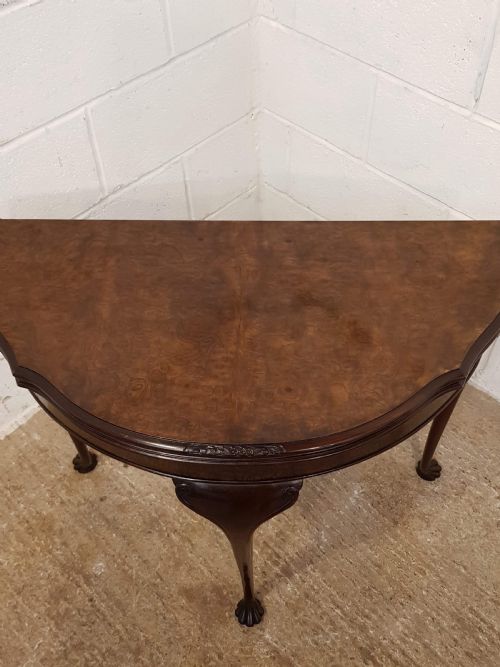 fig 2. ANTIQUE BURR WALNUT DEMI LUNE FOLD OVER GAMES TABLE C1920