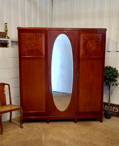 Antique Edwardian Mahogany Triple Wardrobe C1900