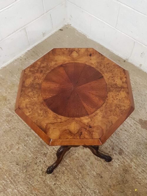 fig 1. ANTIQUE VICTORIAN BURR WALNUT OCTAGONAL TRUMPET WORK TABLE C1880
