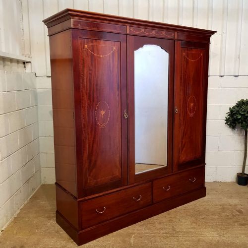 Antique Edwardian Mahogany Inlaid Triple Wardrobe C1900