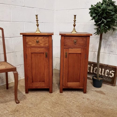 Antique Pair Arts & Crafts Golden Oak Bedside Cabinets C1890