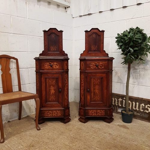 Antique Pair Late 19th Century Inlaid Italian Walnut & Marble Bedside Cabinets C1890