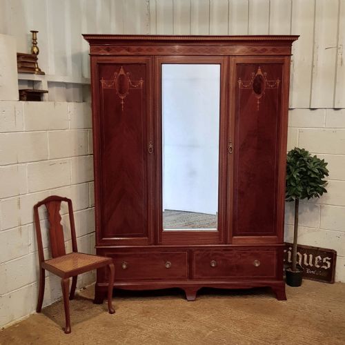 Antique Edwardian Inlaid Mahogany Triple Wardrobe C1900