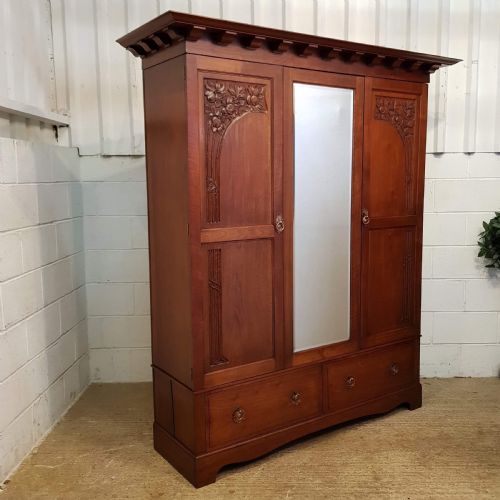 Antique Arts & Crafts Walnut Triple Wardrobe C1890