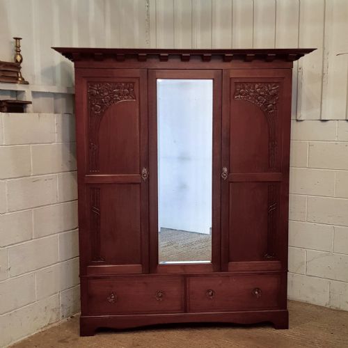 fig 2. ANTIQUE ARTS & CRAFTS WALNUT TRIPLE WARDROBE C1890